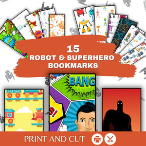 Printable Robot and Superhero Kids Bookmarks