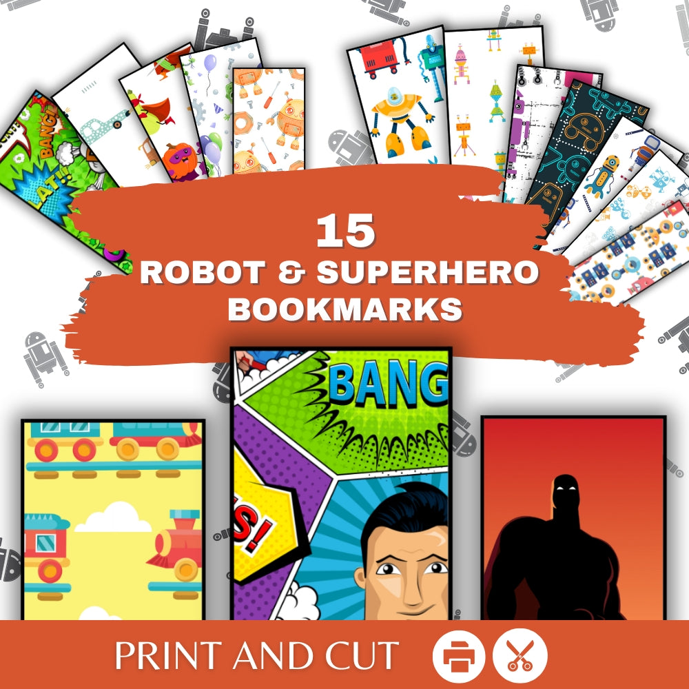 Printable Robot and Superhero Kids Bookmarks